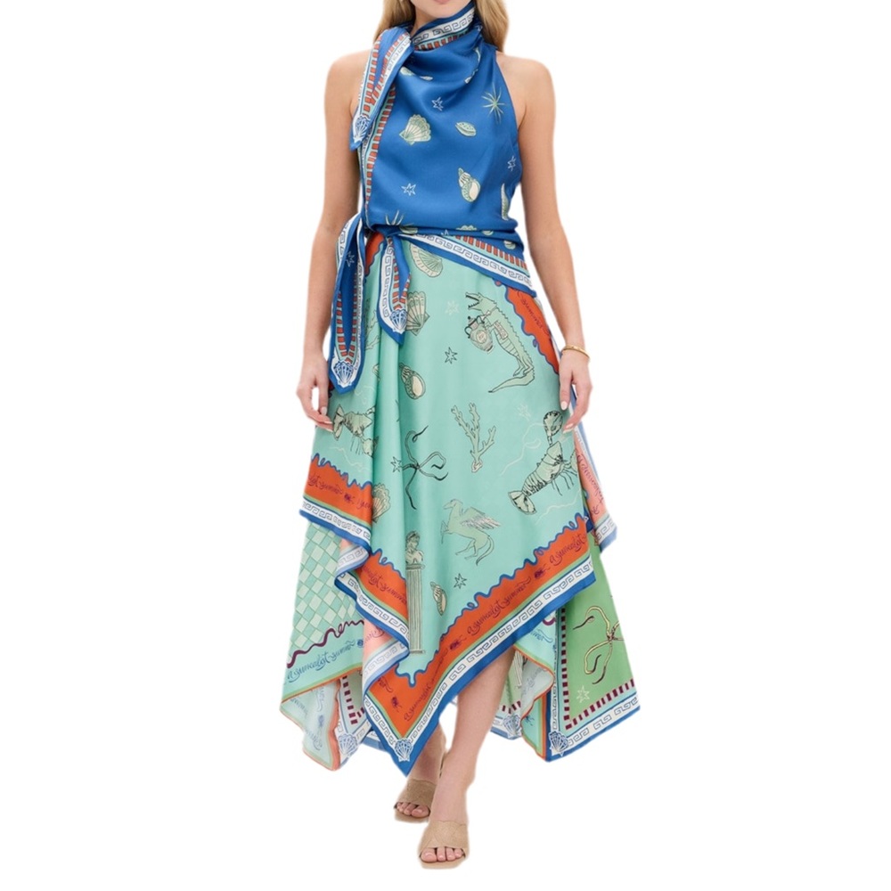 Silk-Print Handkerchief Hem Midi Dress in Blue and Mint
